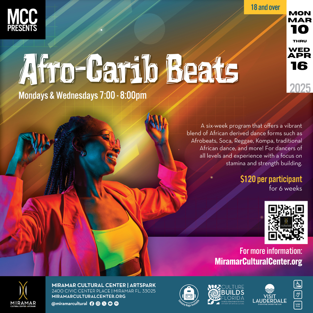 FLyer promoting Afro-Carib dance class from March 10 to April 26