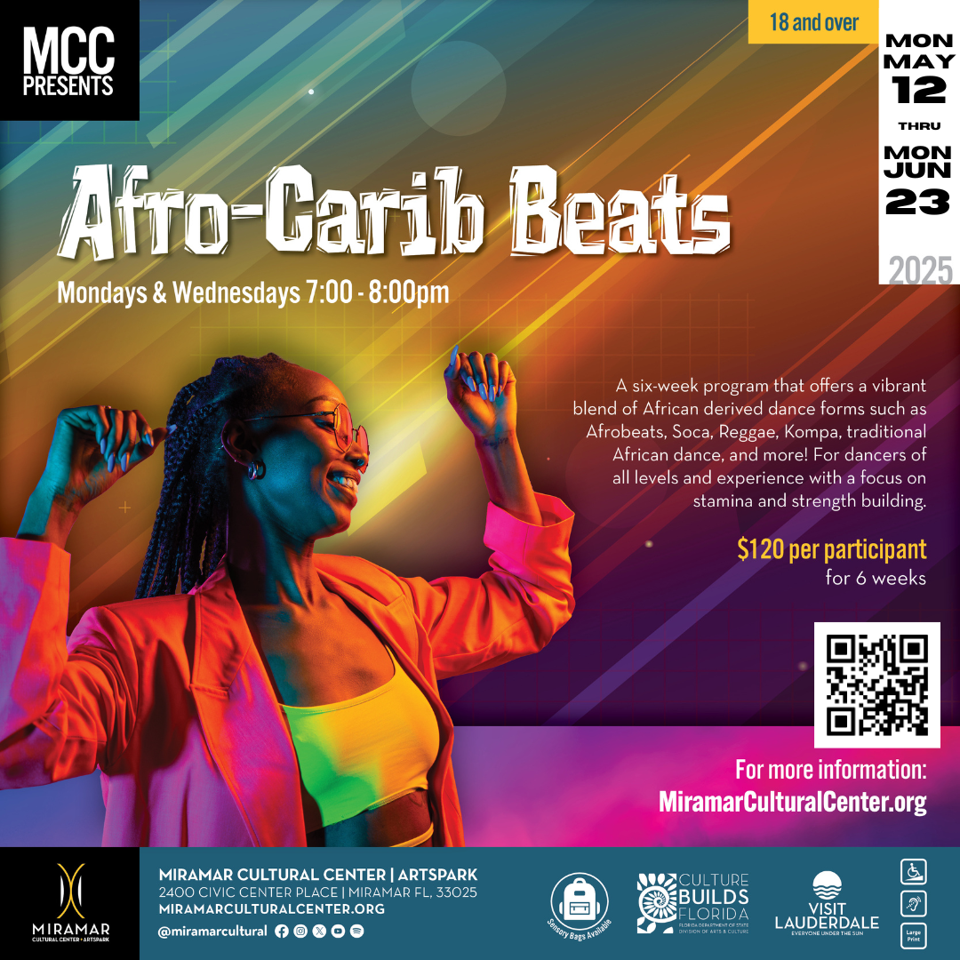 Flyer promoting Afro Carib Beats Dance class starting May 12